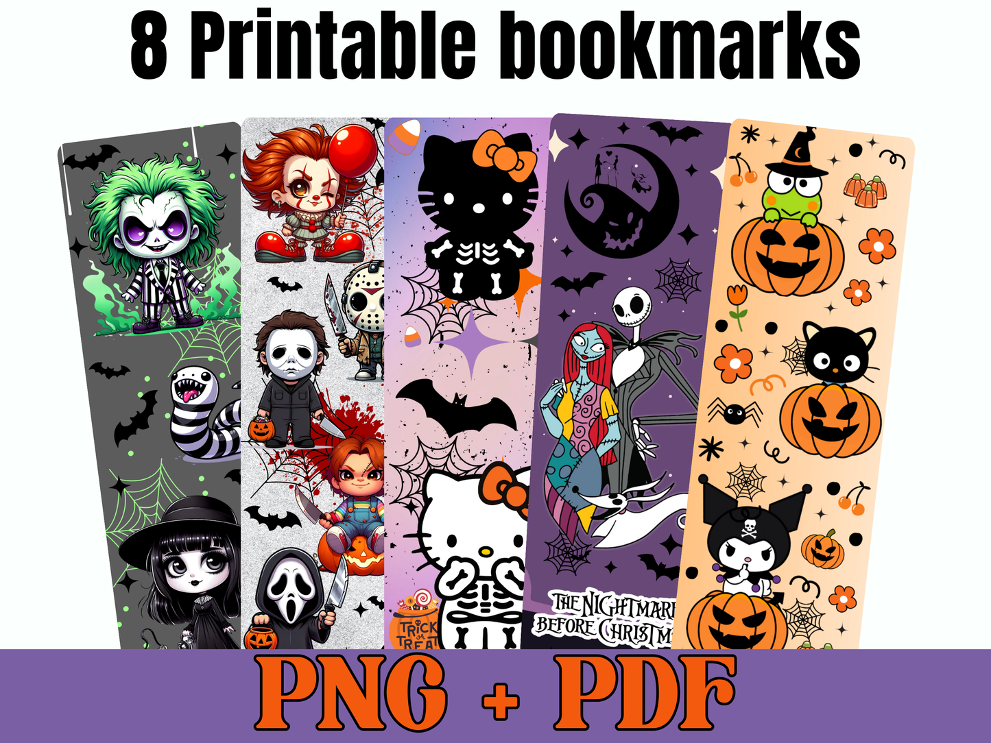 Printable Halloween Bookmarks Bundle, Cute Horror Bookmark Set