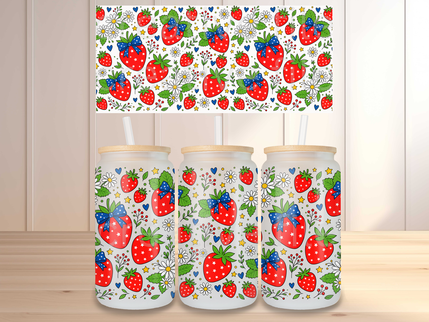 Patriotic Strawberry 16oz Glass Can Wrap PNG, Red White Blue Berry Cup Wrap, Summer Libbey PNG