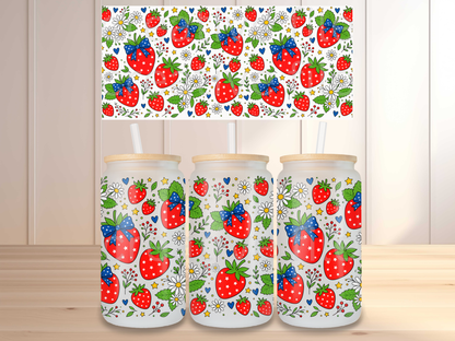 Patriotic Strawberry 16oz Glass Can Wrap PNG, Red White Blue Berry Cup Wrap, Summer Libbey PNG