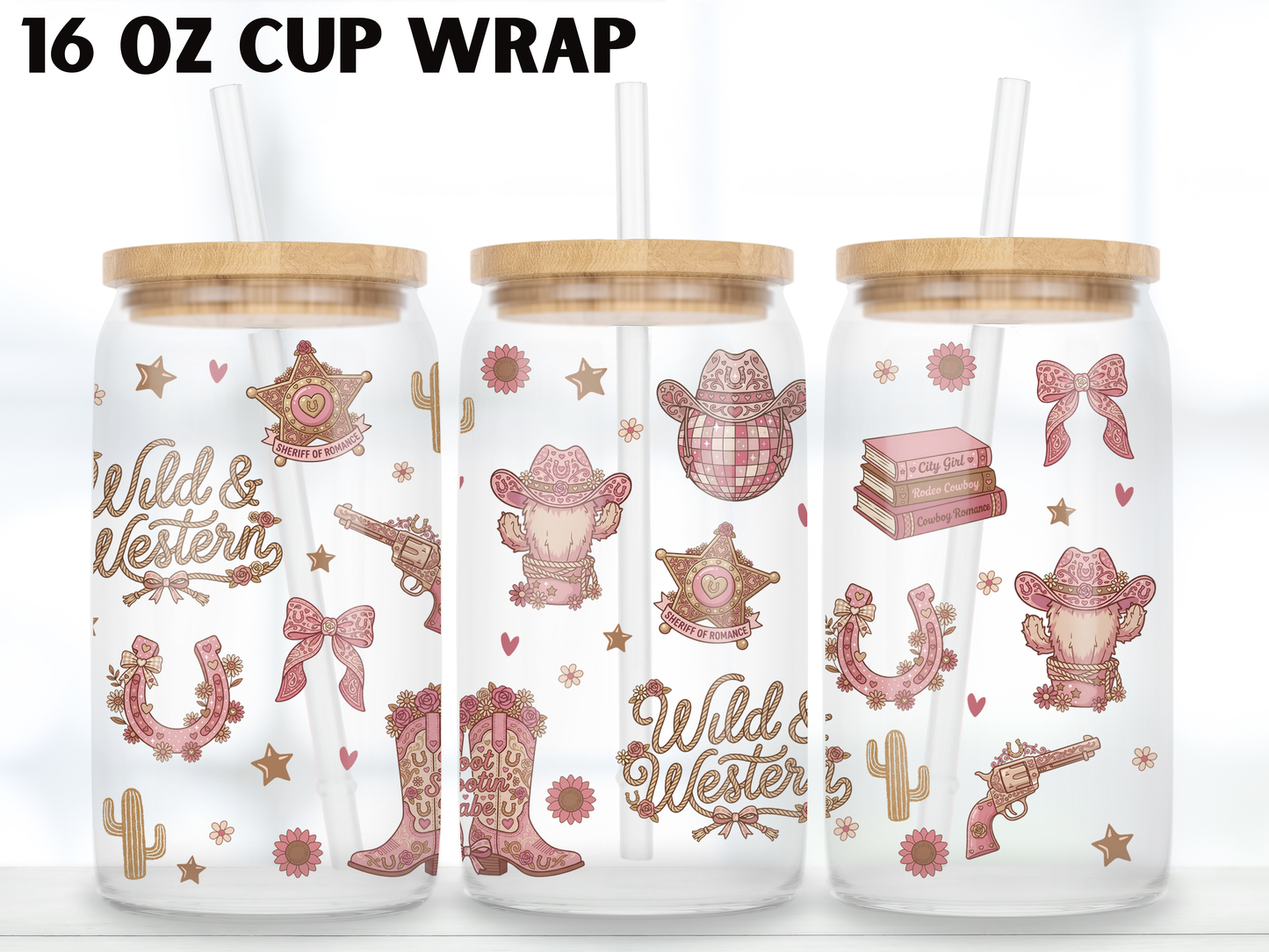 Wild Western  Glass Can Wrap PNG, Pink Cowgirl Cup Wrap, Rodeo Romance Libbey Design