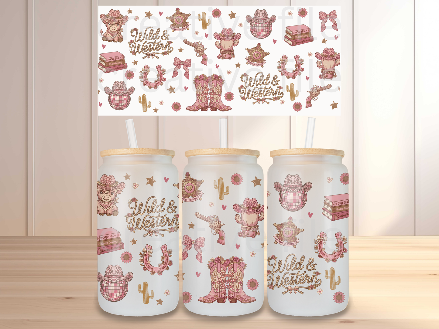 Wild Western  Glass Can Wrap PNG, Pink Cowgirl Cup Wrap, Rodeo Romance Libbey Design