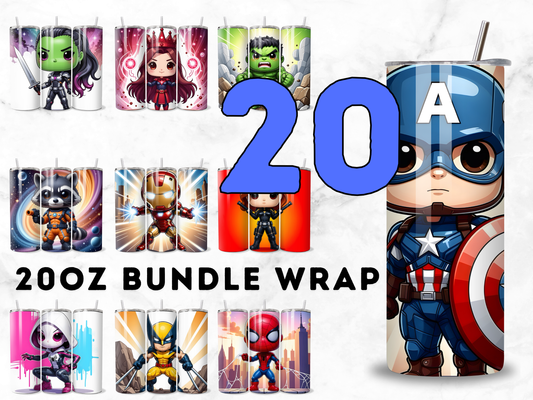 Superhero Tumbler Wrap PNG Bundle, Comic Hero 20oz Tumbler Wrap Bundle PNG