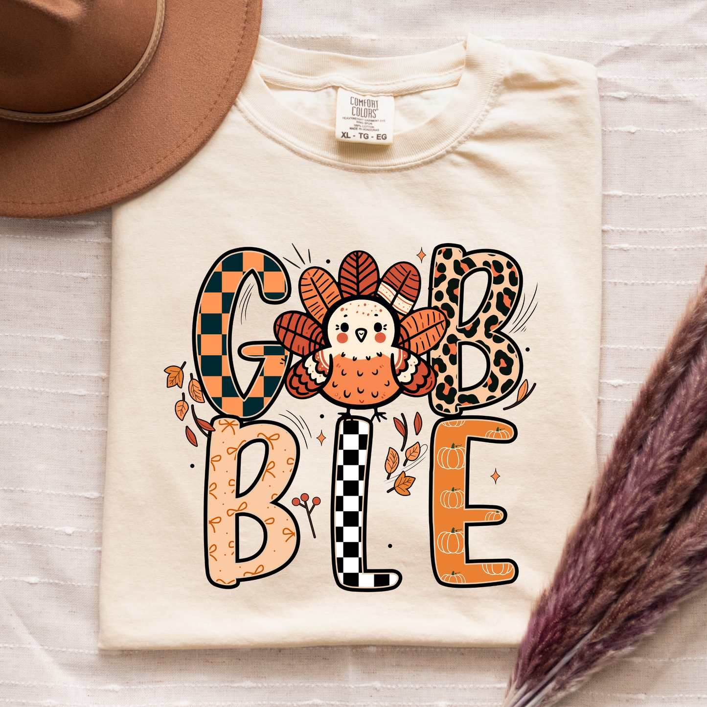 Gobble Turkey PNG, Cute Thanksgiving T-Shirt Design, Patterned Fall Sublimation Graphic