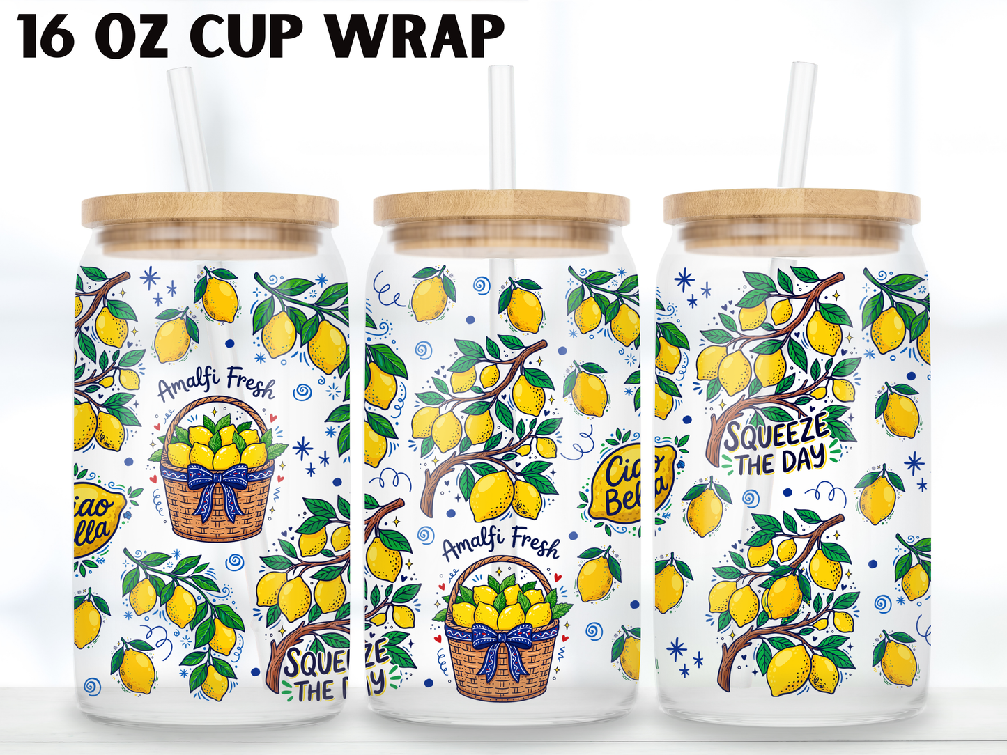 Amalfi Lemon 16oz Glass Can Wrap PNG, Italian Summer Lemon Cup Wrap, Ciao Bella Libbey Design
