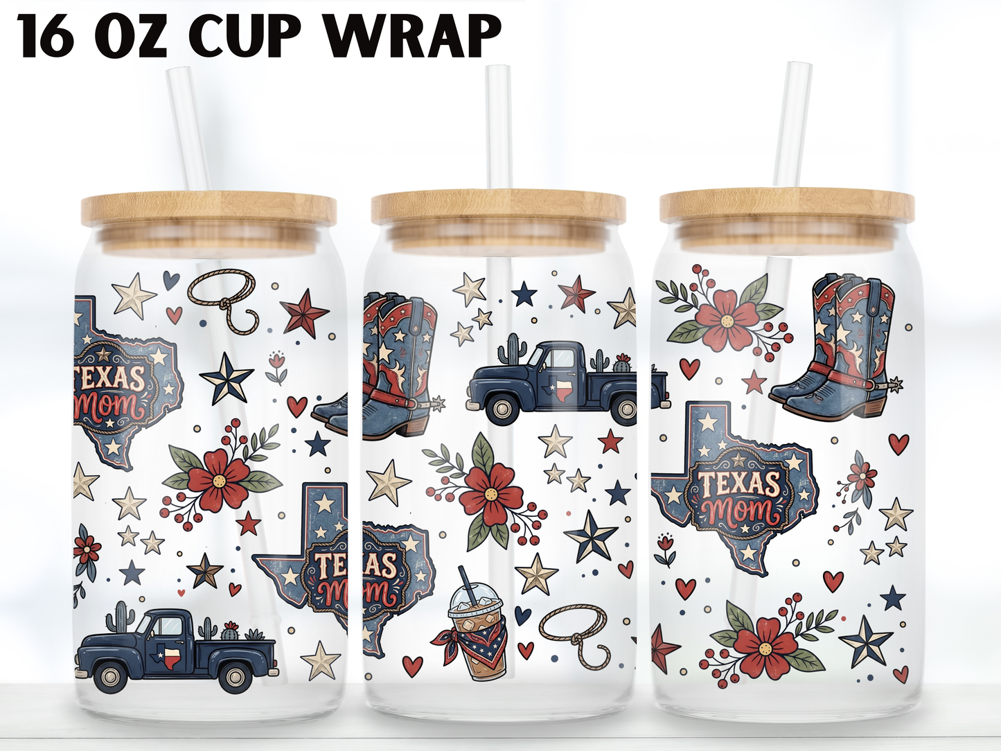 Texas Mom 16oz Glass Can Wrap PNG, Western Mom Cup Wrap, Cowboy Boots Libbey Design