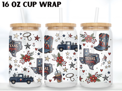 Texas Mom 16oz Glass Can Wrap PNG, Western Mom Cup Wrap, Cowboy Boots Libbey Design