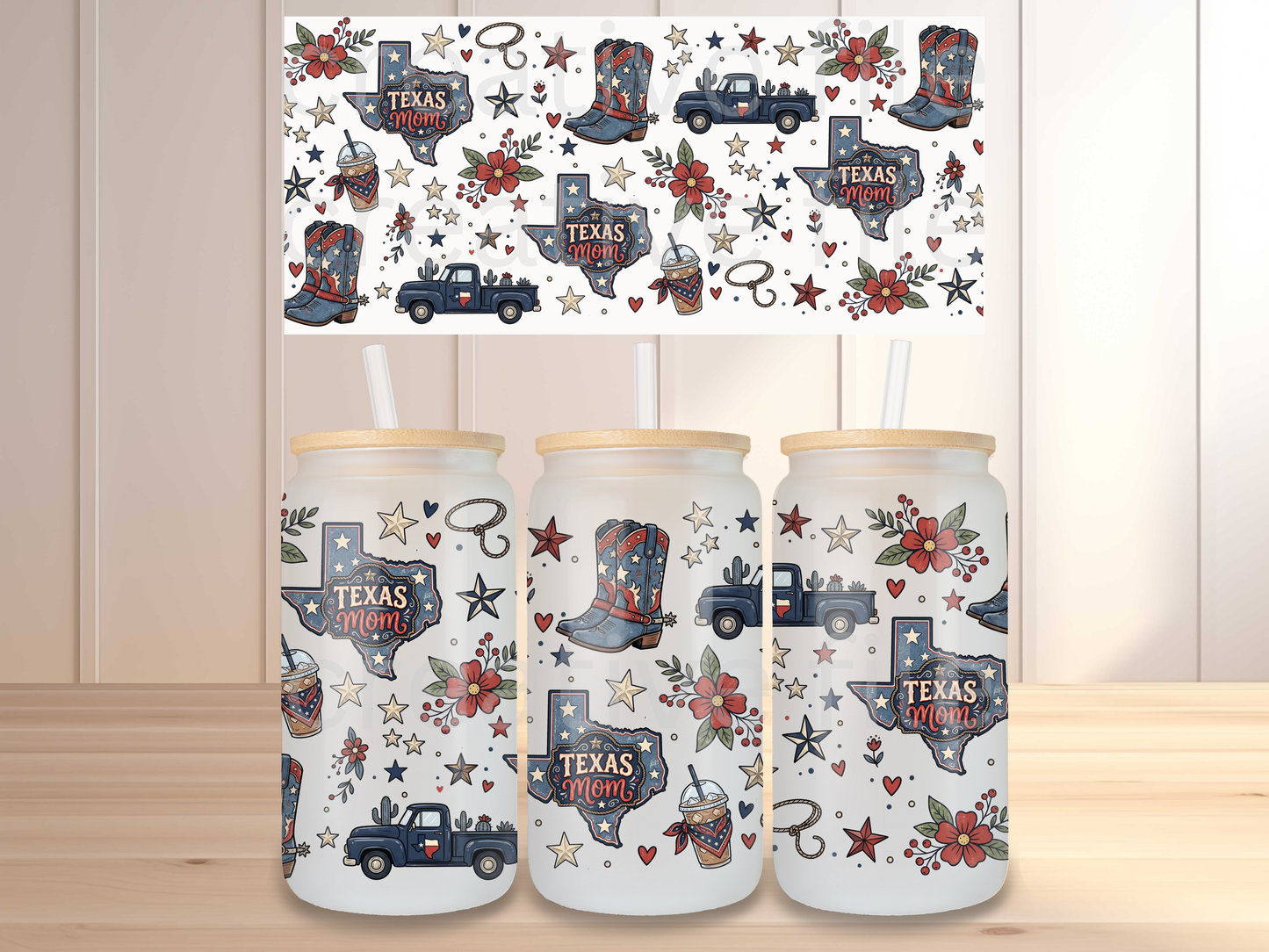 Texas Mom 16oz Glass Can Wrap PNG, Western Mom Cup Wrap, Cowboy Boots Libbey Design