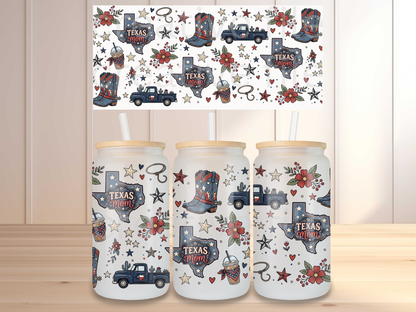 Texas Mom 16oz Glass Can Wrap PNG, Western Mom Cup Wrap, Cowboy Boots Libbey Design