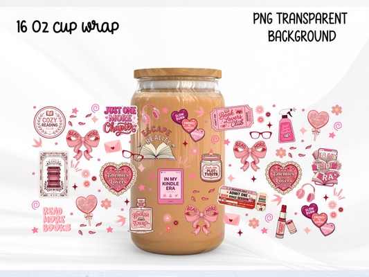 Cozy Reading 16oz Glass Can Wrap PNG, Pink Book Lover Cup Wrap, Romance Reader Libbey Design