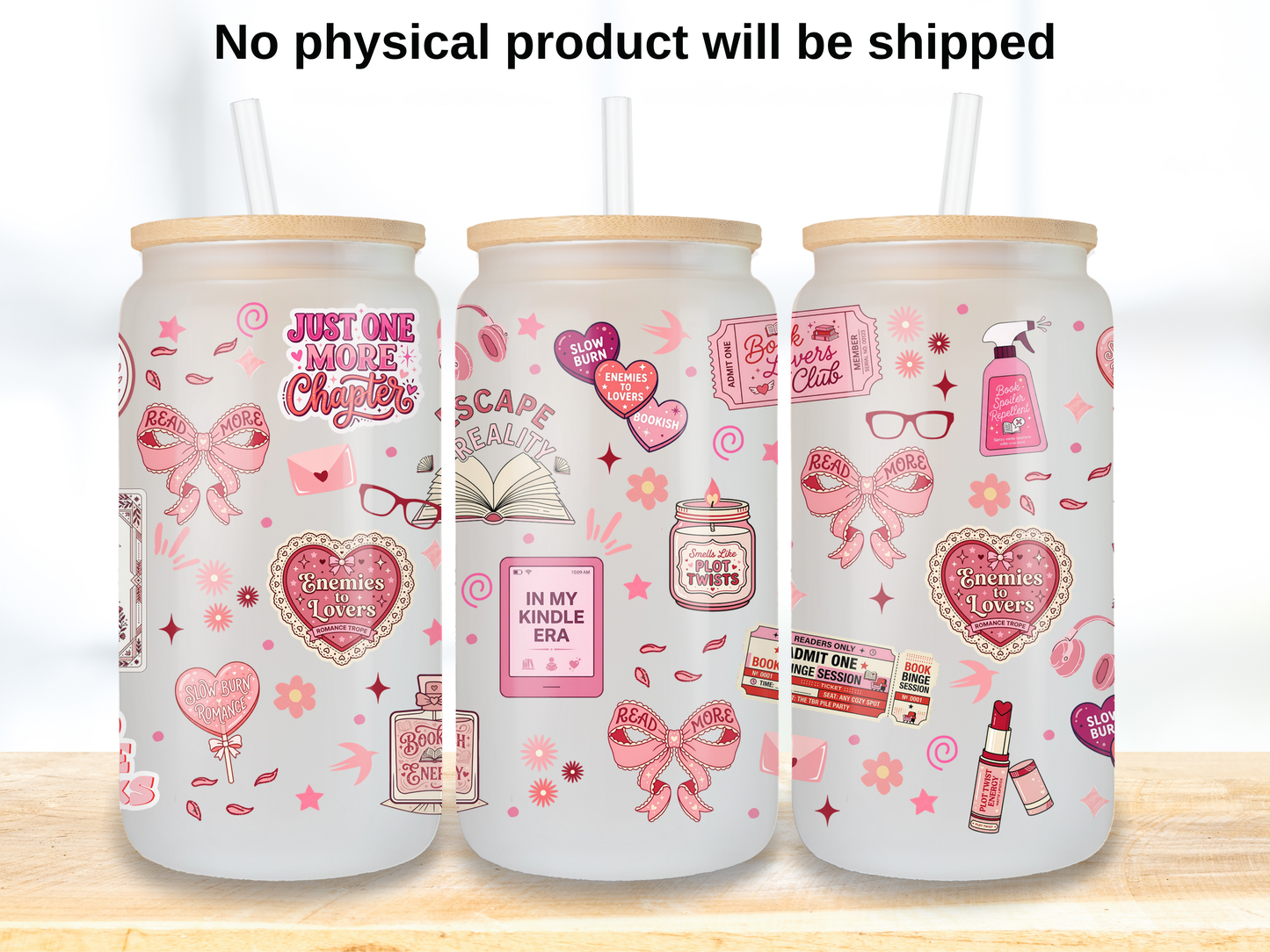 Cozy Reading 16oz Glass Can Wrap PNG, Pink Book Lover Cup Wrap, Romance Reader Libbey Design