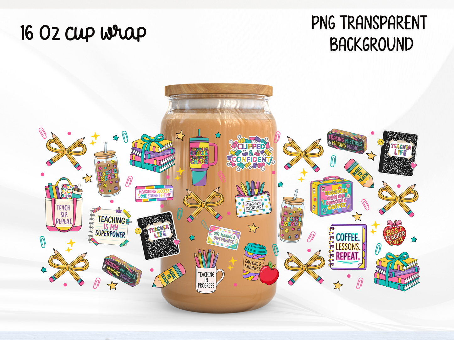 Teacher Life 16oz Glass Can Wrap PNG, Colorful Teacher Cup Wrap, School wrap PNG