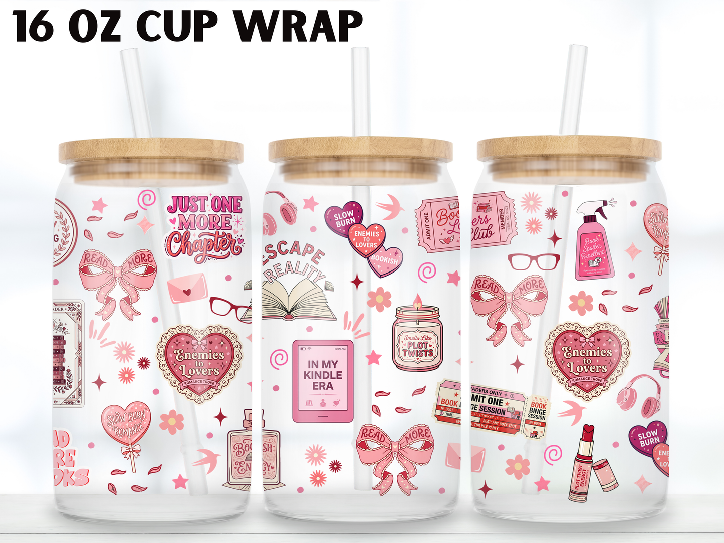 Cozy Reading 16oz Glass Can Wrap PNG, Pink Book Lover Cup Wrap, Romance Reader Libbey Design
