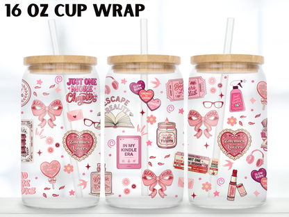 Cozy Reading 16oz Glass Can Wrap PNG, Pink Book Lover Cup Wrap, Romance Reader Libbey Design