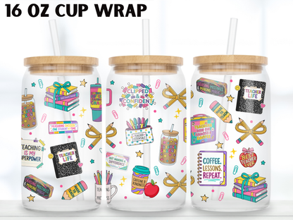 Teacher Life 16oz Glass Can Wrap PNG, Colorful Teacher Cup Wrap, School wrap PNG