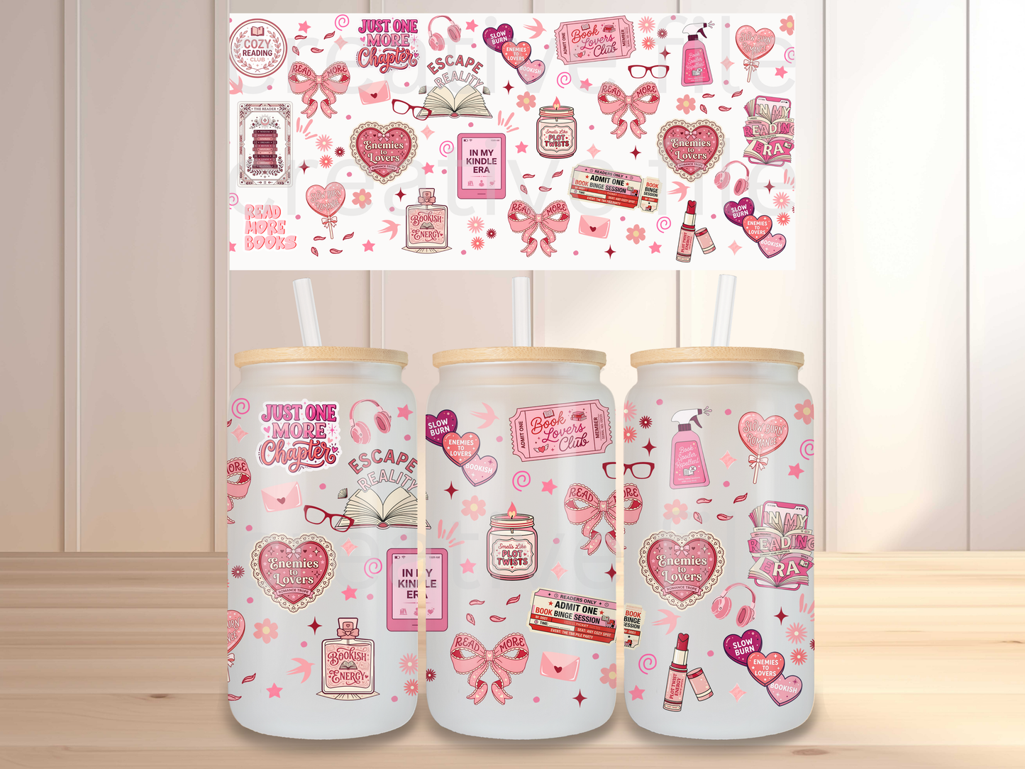 Cozy Reading 16oz Glass Can Wrap PNG, Pink Book Lover Cup Wrap, Romance Reader Libbey Design