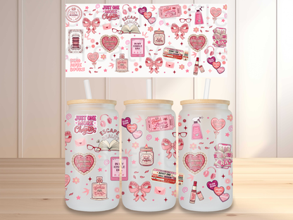 Cozy Reading 16oz Glass Can Wrap PNG, Pink Book Lover Cup Wrap, Romance Reader Libbey Design