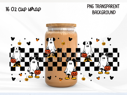 Ghost Mouse 16oz Glass Can Wrap PNG, Halloween Checkerboard Cup Wrap, Pumpkin Bucket Libbey PNG
