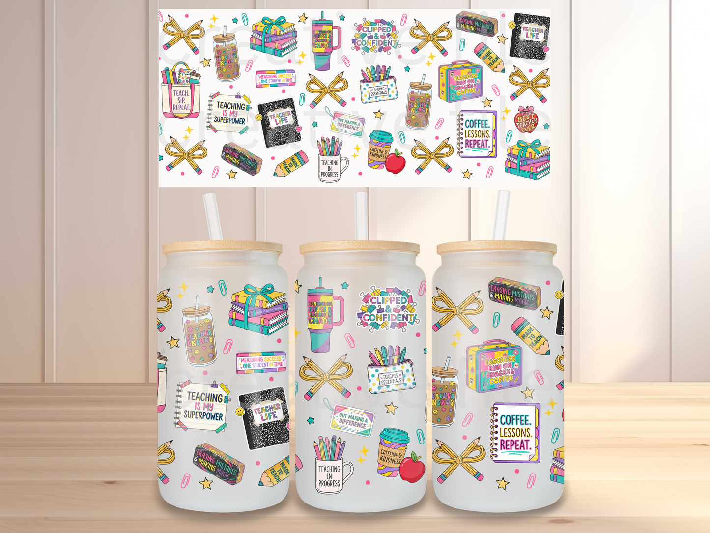 Teacher Life 16oz Glass Can Wrap PNG, Colorful Teacher Cup Wrap, School wrap PNG