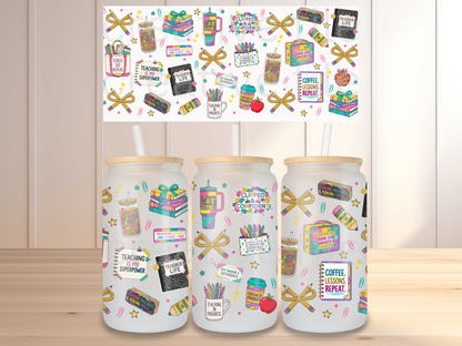 Teacher Life 16oz Glass Can Wrap PNG, Colorful Teacher Cup Wrap, School wrap PNG