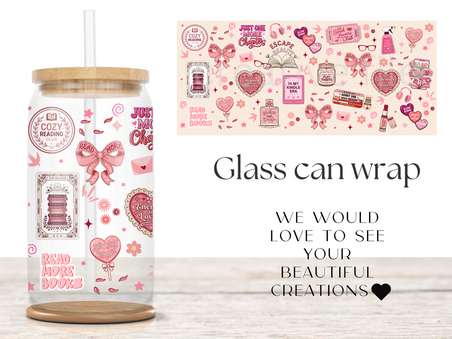 Cozy Reading 16oz Glass Can Wrap PNG, Pink Book Lover Cup Wrap, Romance Reader Libbey Design