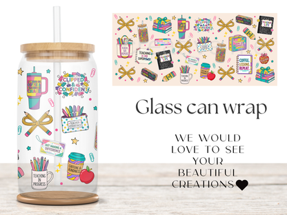Teacher Life 16oz Glass Can Wrap PNG, Colorful Teacher Cup Wrap, School wrap PNG