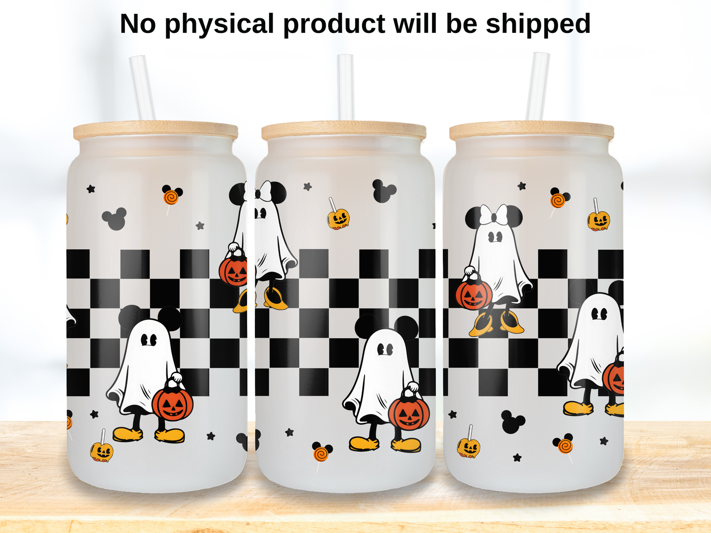 Ghost Mouse 16oz Glass Can Wrap PNG, Halloween Checkerboard Cup Wrap, Pumpkin Bucket Libbey PNG