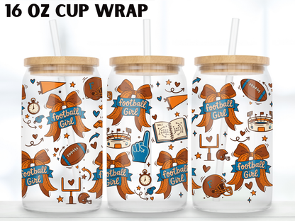 Football Girl Glass Can Wrap PNG, Game Day Bow Cup Wrap, Sports Mom Libbey Design