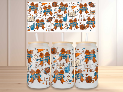 Football Girl Glass Can Wrap PNG, Game Day Bow Cup Wrap, Sports Mom Libbey Design