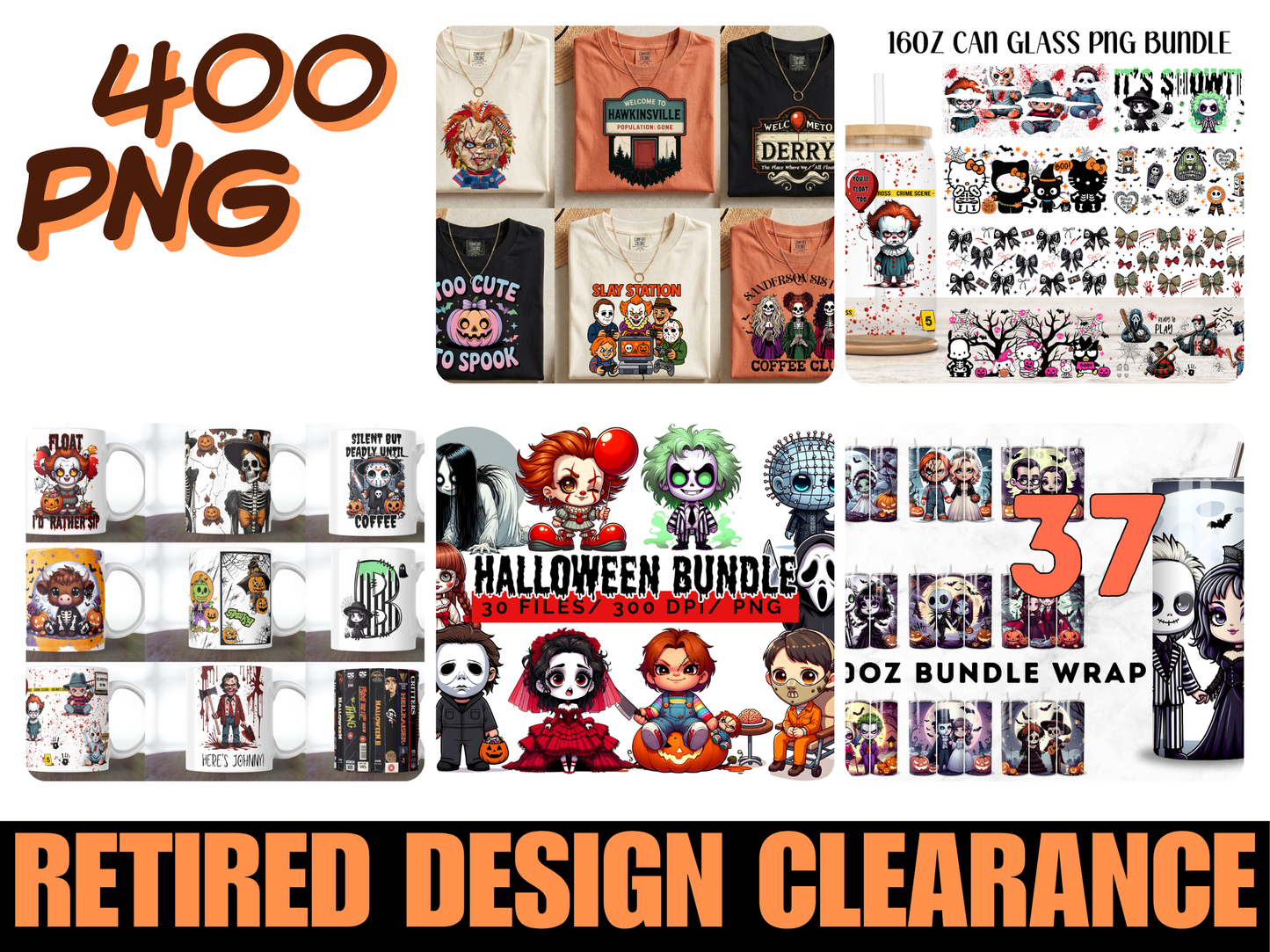 Halloween Mega PNG Bundle, 400 Retired Designs, Horror Clipart, Can Glass, Mug & Tumbler Wraps, T-Shirt PNG, 300 DPI