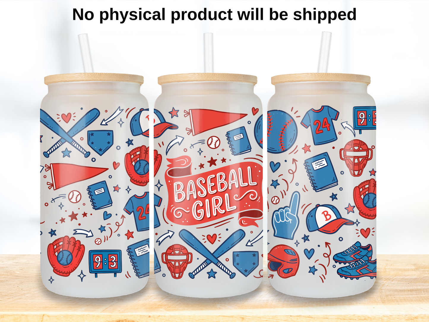 Baseball Girl Glass Can Wrap PNG, Softball Mom Cup Wrap, Red Blue Sports Libbey Design