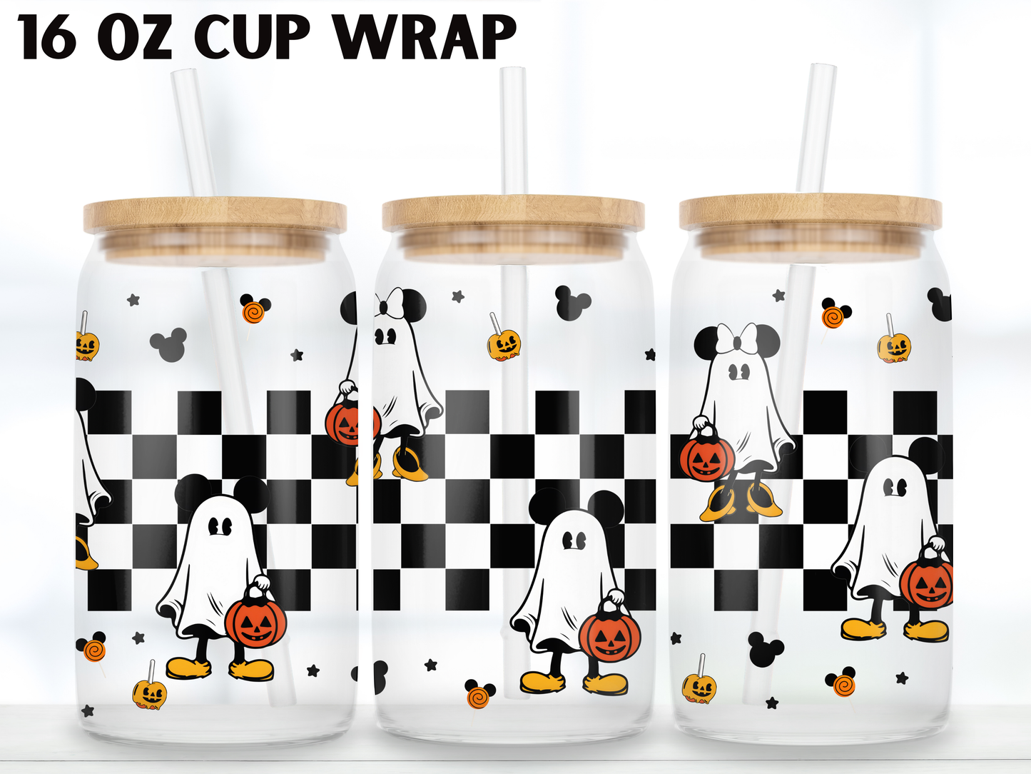 Ghost Mouse 16oz Glass Can Wrap PNG, Halloween Checkerboard Cup Wrap, Pumpkin Bucket Libbey PNG