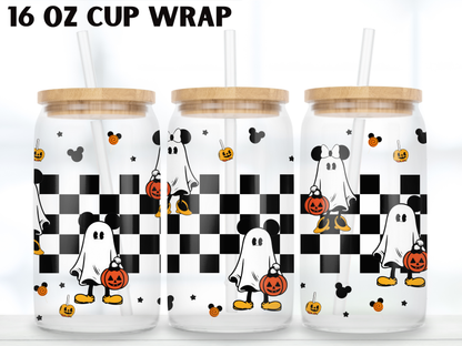 Ghost Mouse 16oz Glass Can Wrap PNG, Halloween Checkerboard Cup Wrap, Pumpkin Bucket Libbey PNG