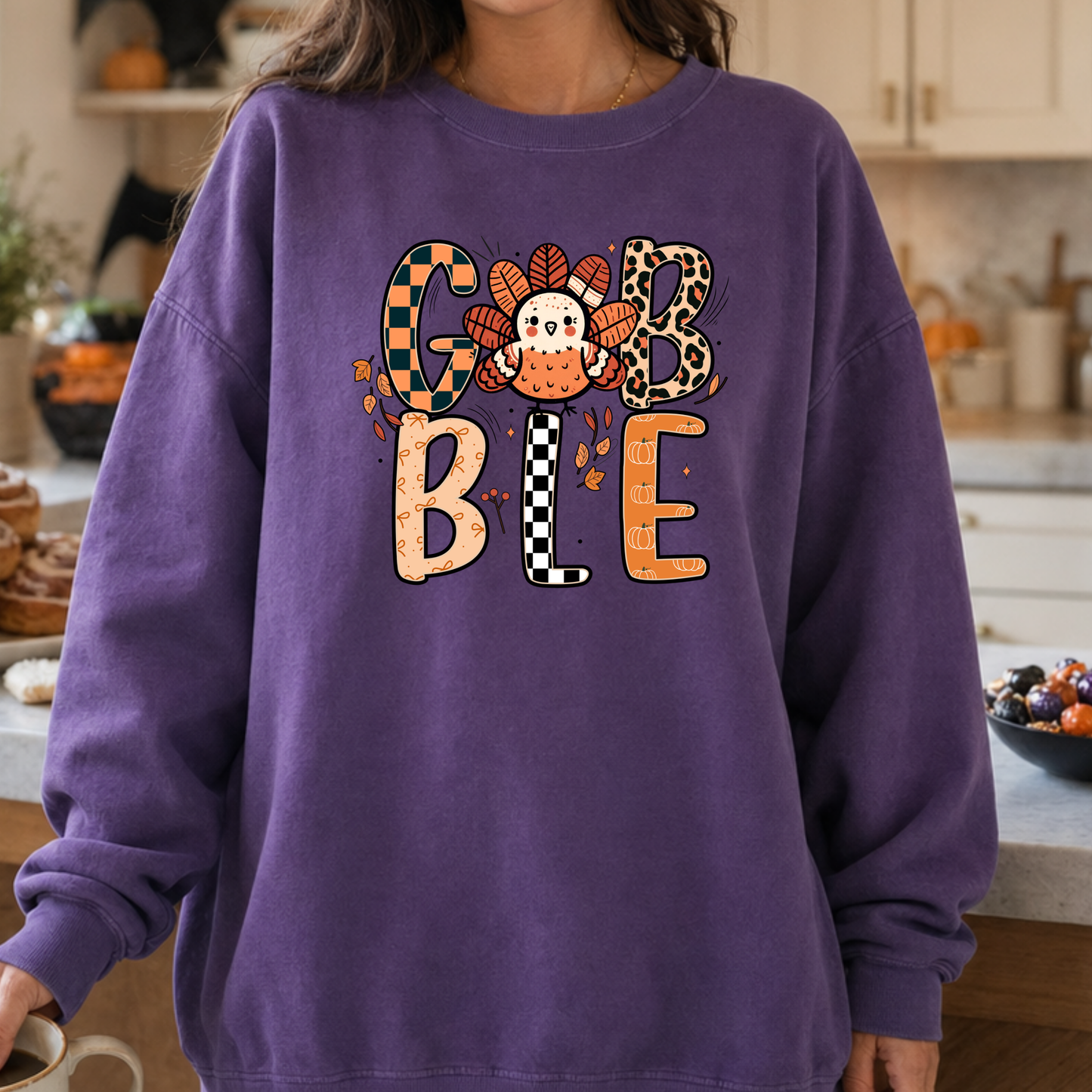 Gobble Turkey PNG, Cute Thanksgiving T-Shirt Design, Patterned Fall Sublimation Graphic