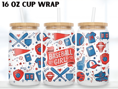 Baseball Girl Glass Can Wrap PNG, Softball Mom Cup Wrap, Red Blue Sports Libbey Design