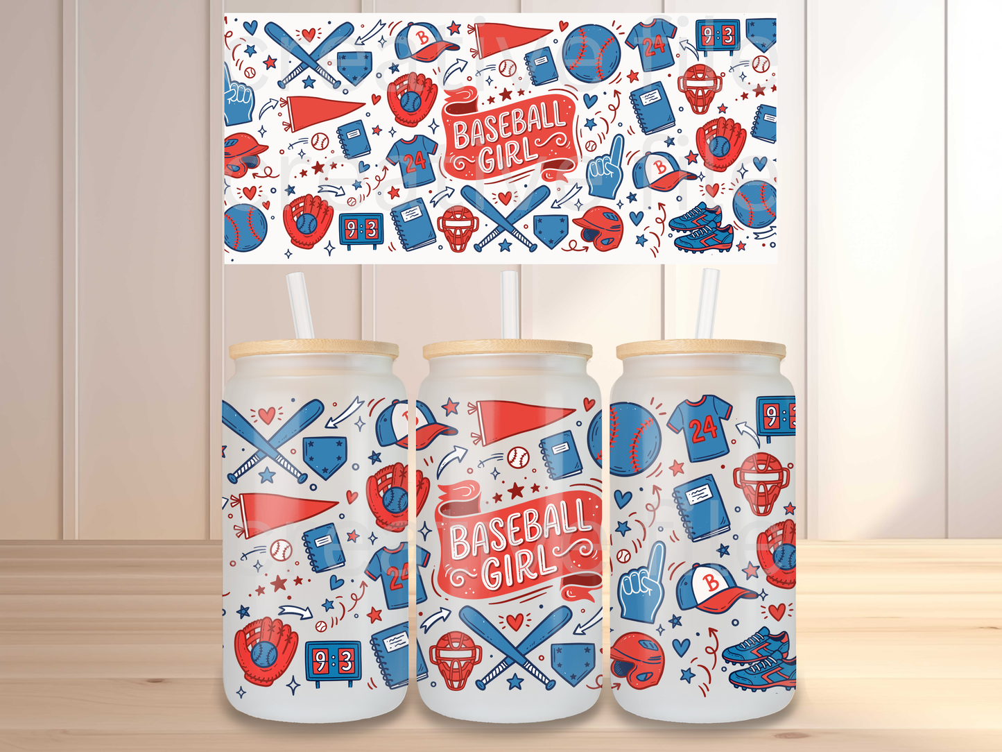 Baseball Girl Glass Can Wrap PNG, Softball Mom Cup Wrap, Red Blue Sports Libbey Design