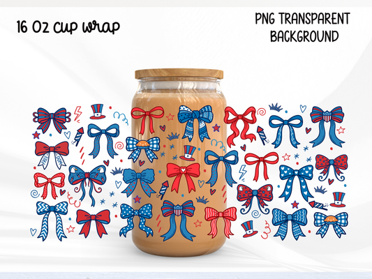 Patriotic Bow Glass Can Wrap PNG, Red White Blue Coquette Cup Wrap, USA Bow Libbey PNG