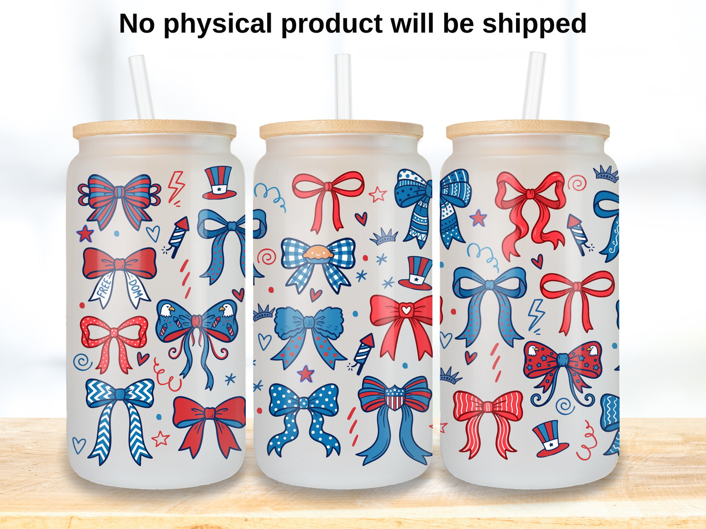 Patriotic Bow Glass Can Wrap PNG, Red White Blue Coquette Cup Wrap, USA Bow Libbey PNG