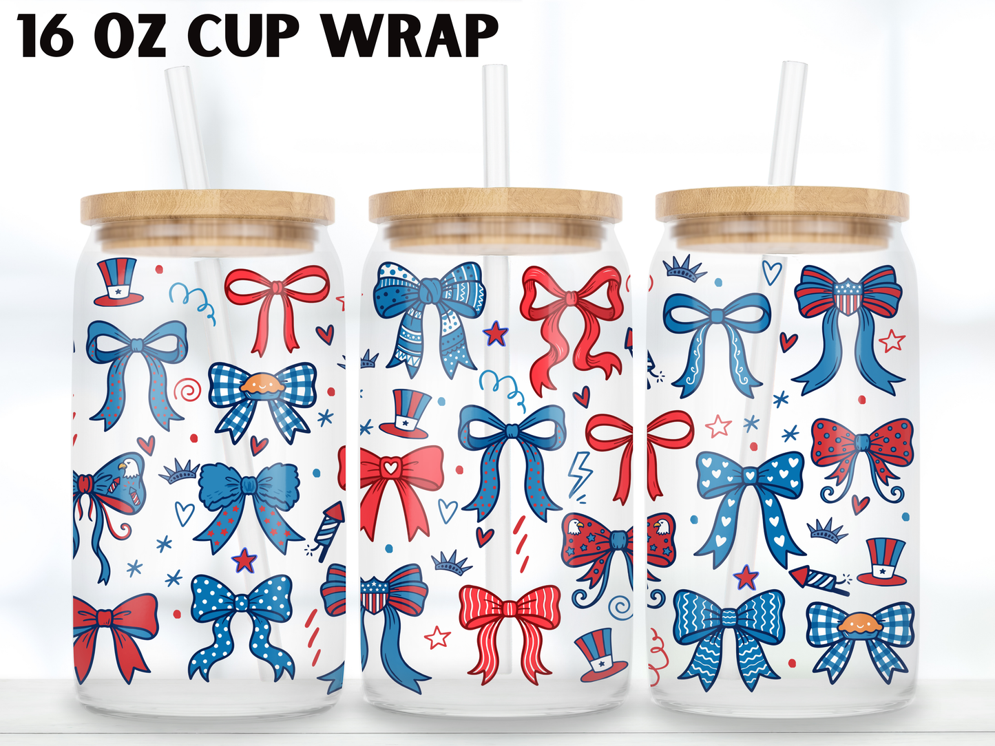 Patriotic Bow Glass Can Wrap PNG, Red White Blue Coquette Cup Wrap, USA Bow Libbey PNG