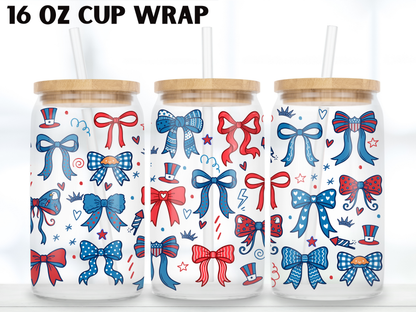 Patriotic Bow Glass Can Wrap PNG, Red White Blue Coquette Cup Wrap, USA Bow Libbey PNG
