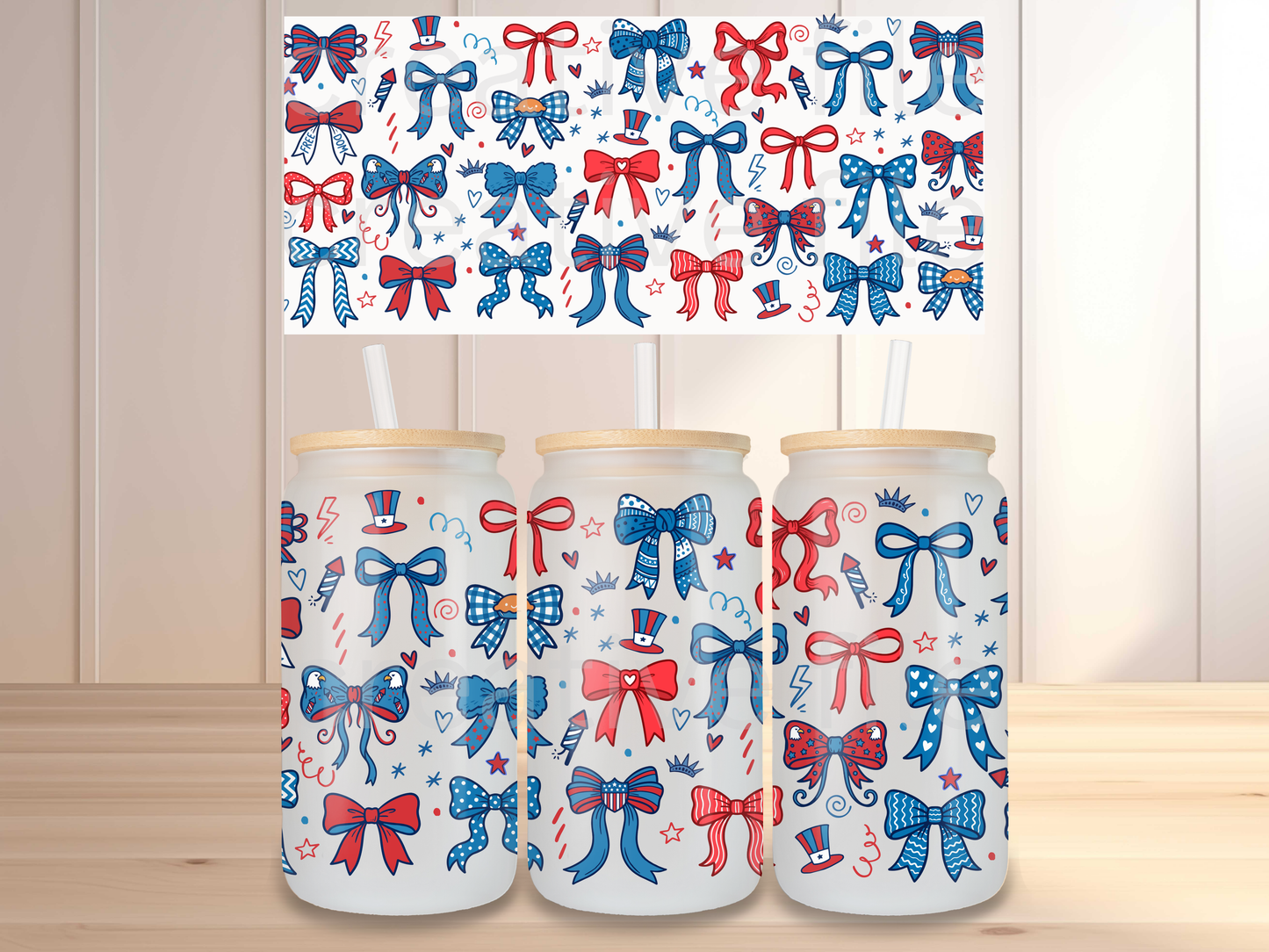 Patriotic Bow Glass Can Wrap PNG, Red White Blue Coquette Cup Wrap, USA Bow Libbey PNG