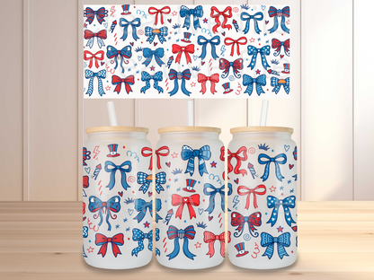Patriotic Bow Glass Can Wrap PNG, Red White Blue Coquette Cup Wrap, USA Bow Libbey PNG