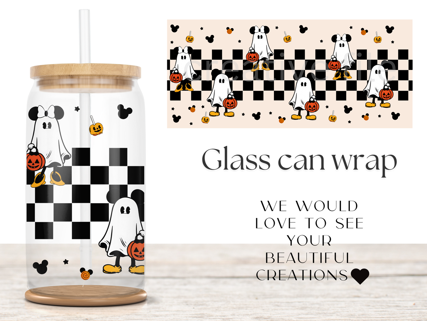 Ghost Mouse 16oz Glass Can Wrap PNG, Halloween Checkerboard Cup Wrap, Pumpkin Bucket Libbey PNG
