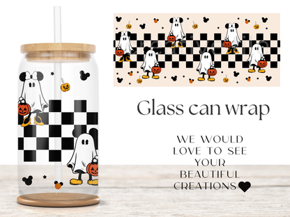 Ghost Mouse 16oz Glass Can Wrap PNG, Halloween Checkerboard Cup Wrap, Pumpkin Bucket Libbey PNG