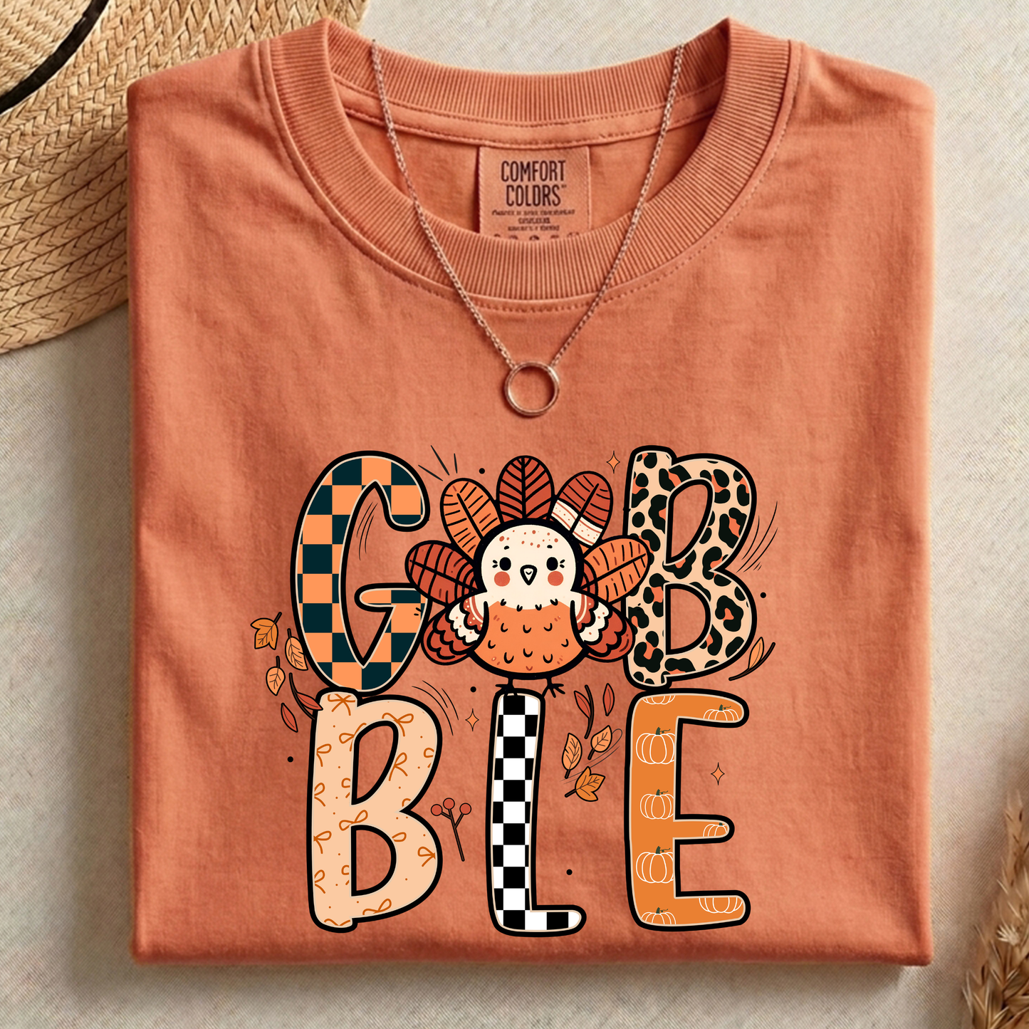 Gobble Turkey PNG, Cute Thanksgiving T-Shirt Design, Patterned Fall Sublimation Graphic