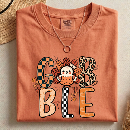 Gobble Turkey PNG, Cute Thanksgiving T-Shirt Design, Patterned Fall Sublimation Graphic