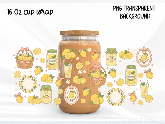 Lemonade 16oz Glass Can Wrap PNG, Cottagecore Lemon Cup Wrap, Summer Picnic Libbey Design