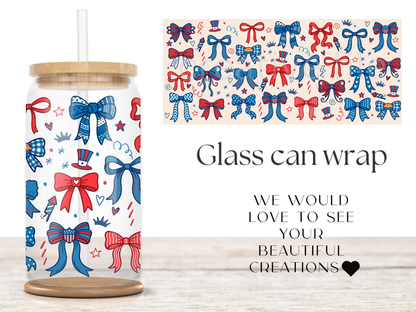 Patriotic Bow Glass Can Wrap PNG, Red White Blue Coquette Cup Wrap, USA Bow Libbey PNG