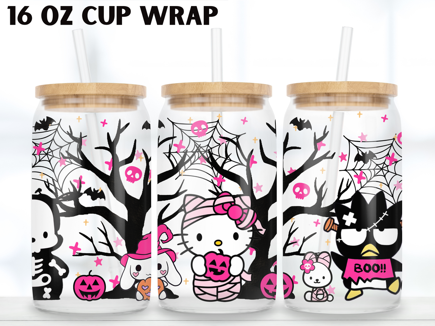 Pink Kawaii Halloween Can Wrap PNG, Spooky Cute Libbey Design