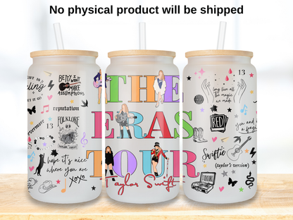 Eras Inspired 16oz Glass Can Wrap PNG, Pop Music Fan Cup Wrap design, Colorful Concert girly design