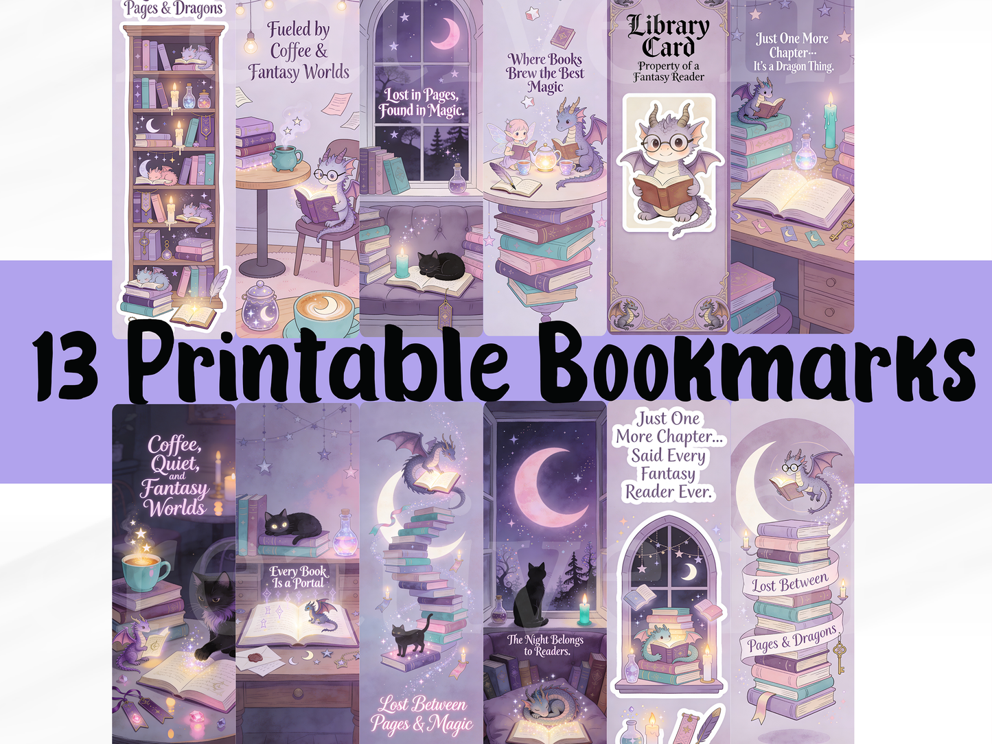 13 Printable Fantasy Bookmarks Bundle, Dragon Reader Bookmark Set